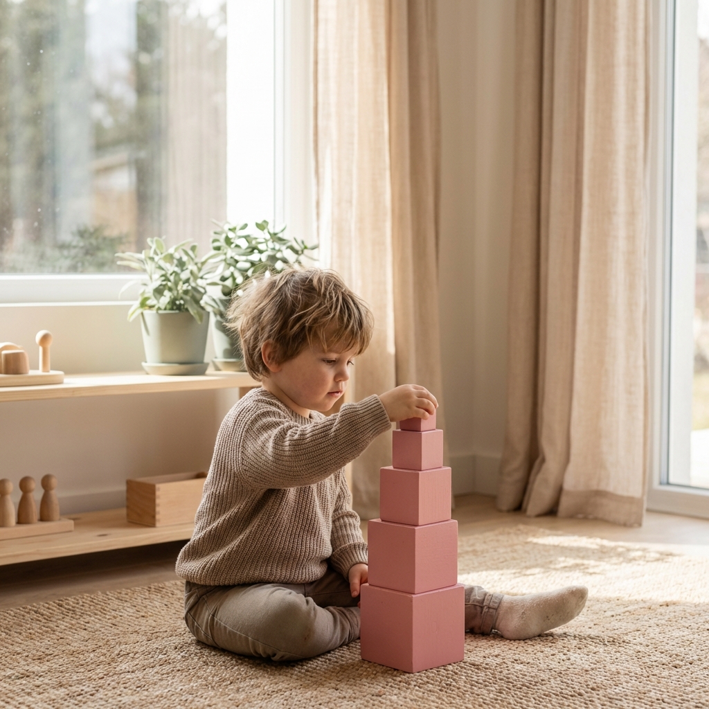 Enfant construisant une tour rose Montessori